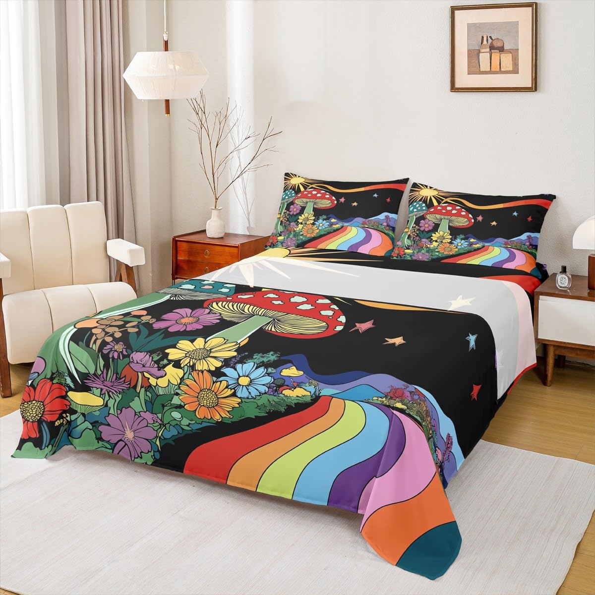Erosebridal Trippy Mushroom Sheet & Pillowcase Sets Groovy Floral Bed Sheets Rainbow Striped Sheet Set Queen Hippie Boho Eye Sheets Starry Night Bedding 70s Theme Decor with 2 Pillowcase