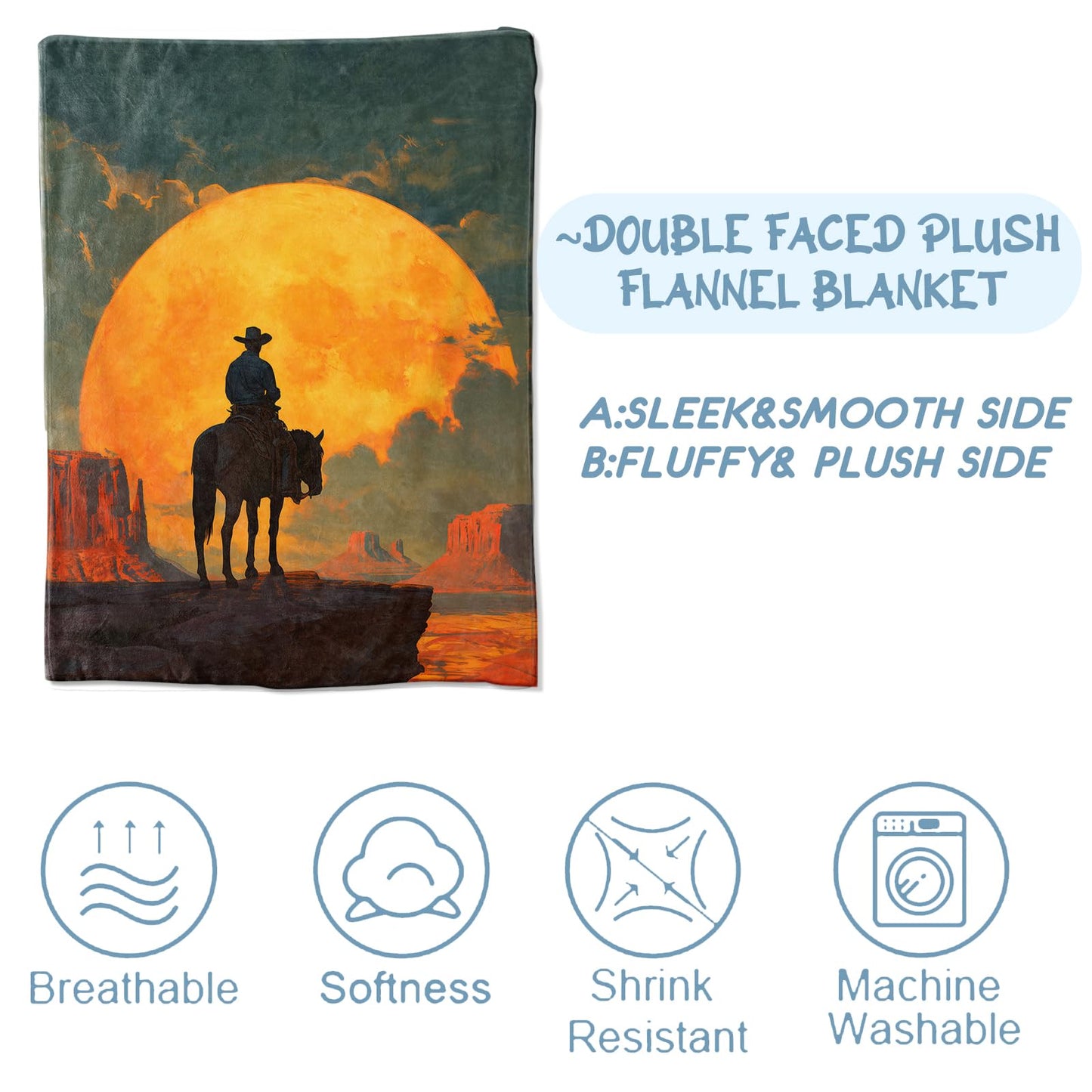 Zeleda Rustic Cowboy Cozy Throw Blanket for Couch Sofa Bed, Soft Flannel Western Horse Blankets for Adults Men Boys, Warm Lightweight Sunset Throws for Room Decor Gifts, 50x60 Inches