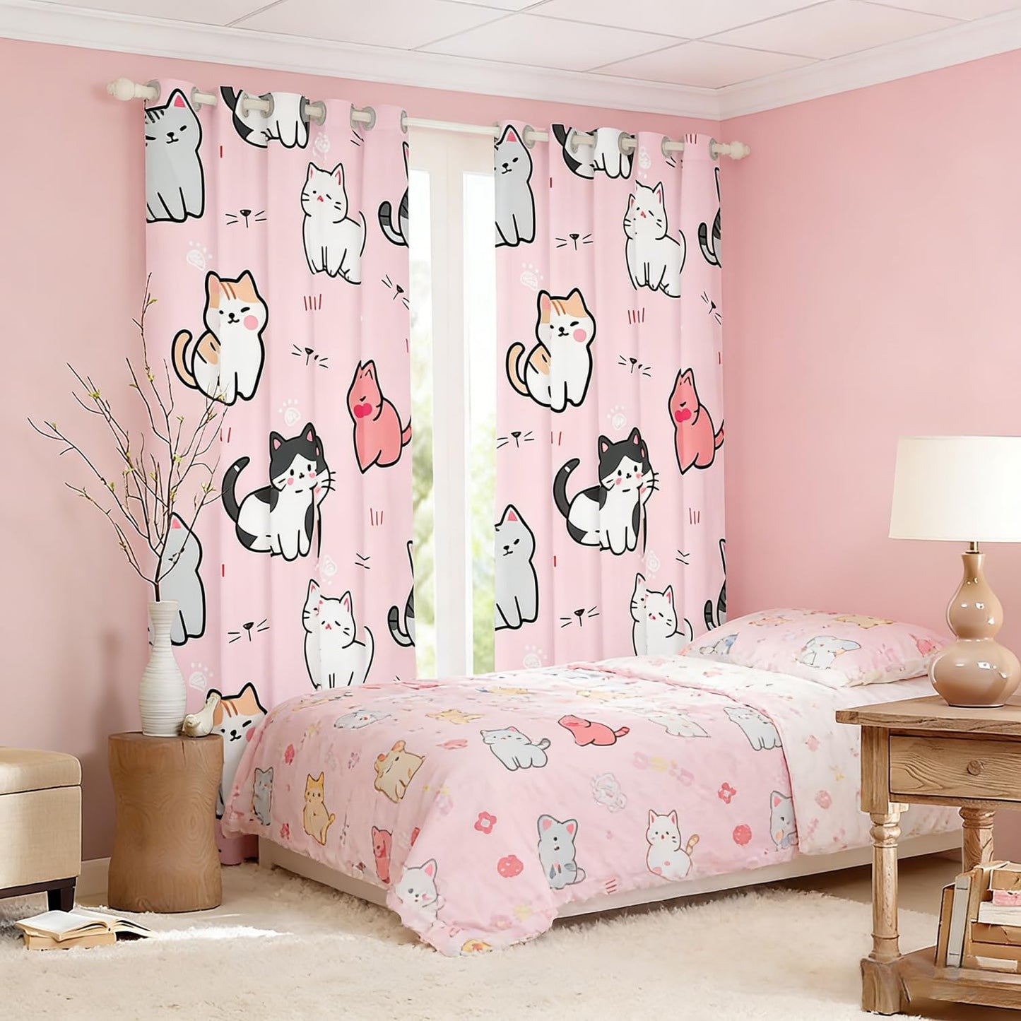 Pink Blackout Cat Curtains - Kawaii Animal Themed, 76Wx54L, Perfect for Kids & Pets, Colorful Kitten Window Treatments