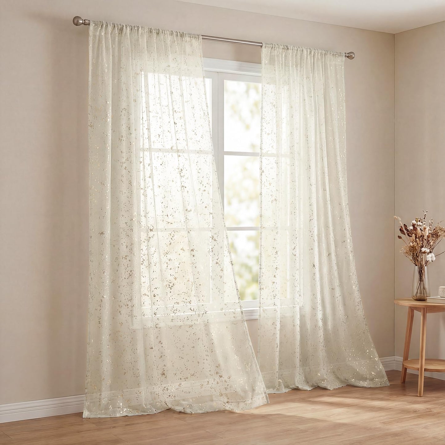 Horaldaily Beige Sheer Curtains for Living Room and Bedroom, Sliver Sequin Glitter Metallic Foil, Scenery Light Filtering Window Curtains, 52" W x 84" L, Set of 2 Curtain Panels
