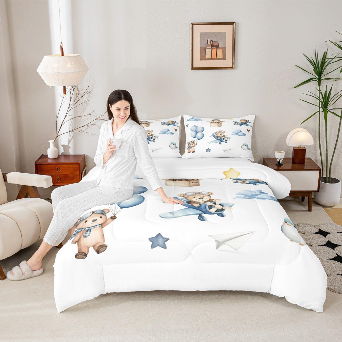 Erosebridal Cartoon Aircraft Full Bedding Set, Cute Bear Airplane Propeller Plane Comforter Set for Kids Boys Girls Adults Bedroom, Lovely Bird Animals Comforter, Balloon Star Cloud Quilt