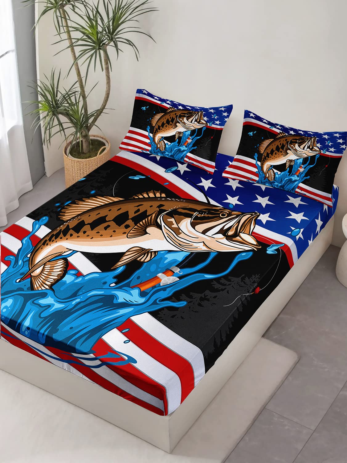 HOSIMA Big Pike Fishing Fitted Sheet Full,Bass Fish American Flag Pattern Hunting and Fishing Bed Set Full Size for Boys Room Decor, 1 Fitted Sheet + 2 Pillowcases.