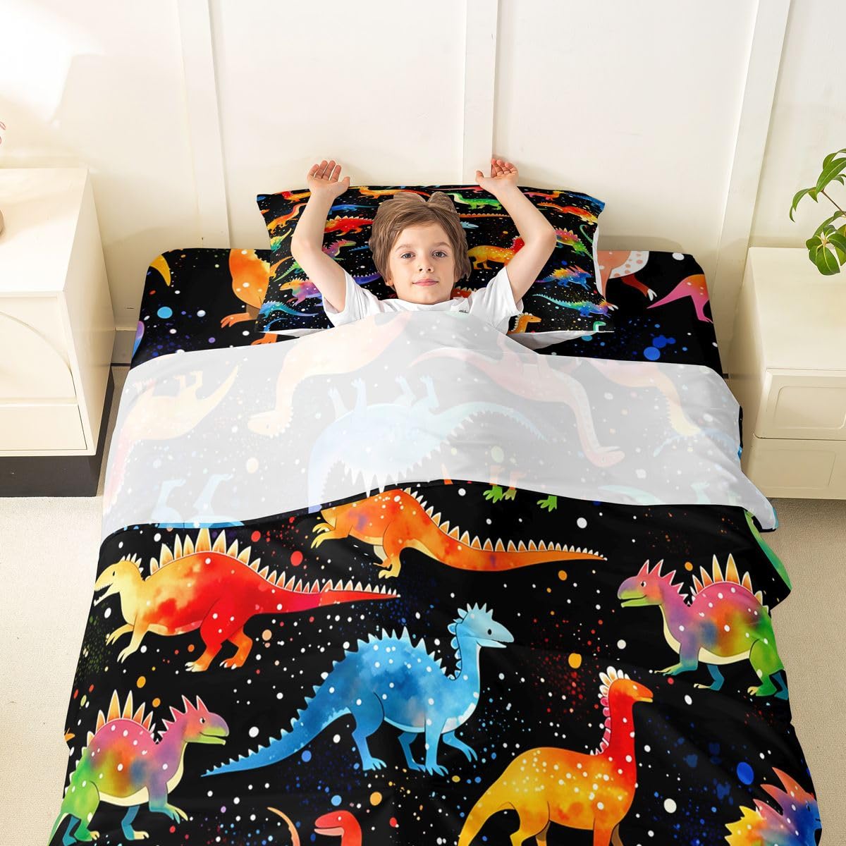 Feelyou Dinosaur Bed Sheets Set Twin Size 3D Digital Print Bed Set Jungle Dino Deep Pocket Fitted Sheet Wild Animal Breathable Soft Lightweight Microfiber Orange Blue Red