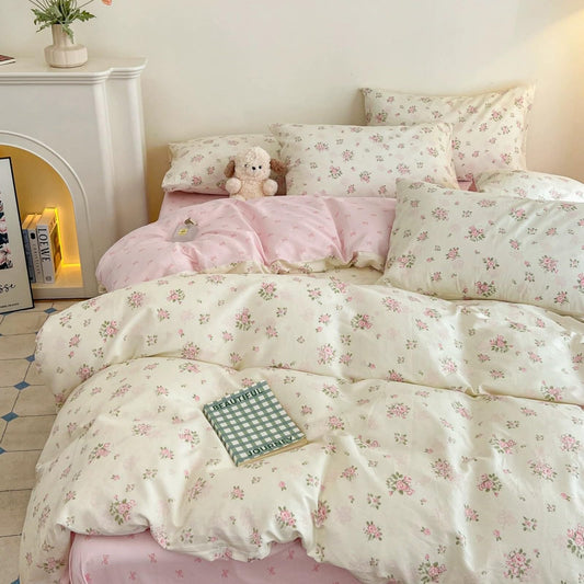 Sedefen Cream Pink Floral Duvet Cover Set, 3 Pieces Soft Microfiber Bedding Set with Bow Pattern Reverse, Cute Comforter Cover for Cottagecore Girls Bedroom Decor, Queen Size