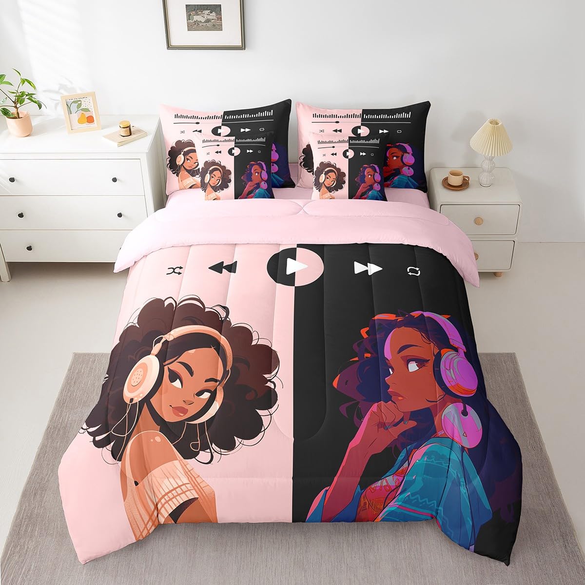 Castle Fairy Black Girls 7Pcs Comforter Set Full Size,Africa Woman American Bedding Sets for Kids Girls Boys,Music Bed in a Bag Pink and Black Fitted Sheet Flat Sheet,2 Throw Pillow 2 Pillowcases