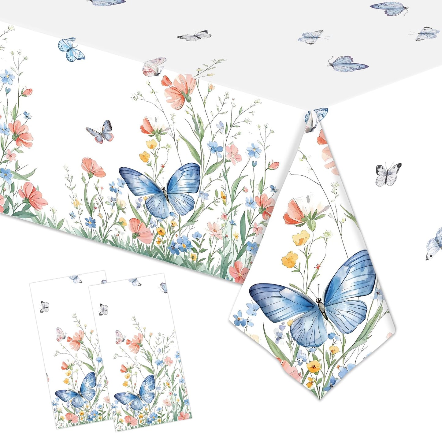HFBOBP 2 Pack Spring Floral Tablecloth Party Decorations, 54 x 108 Inch Disposable Wildflower Butterfly Plastic Table Cover Wildflower Table Cloth for Birthday, Wedding, Tea Party Decor