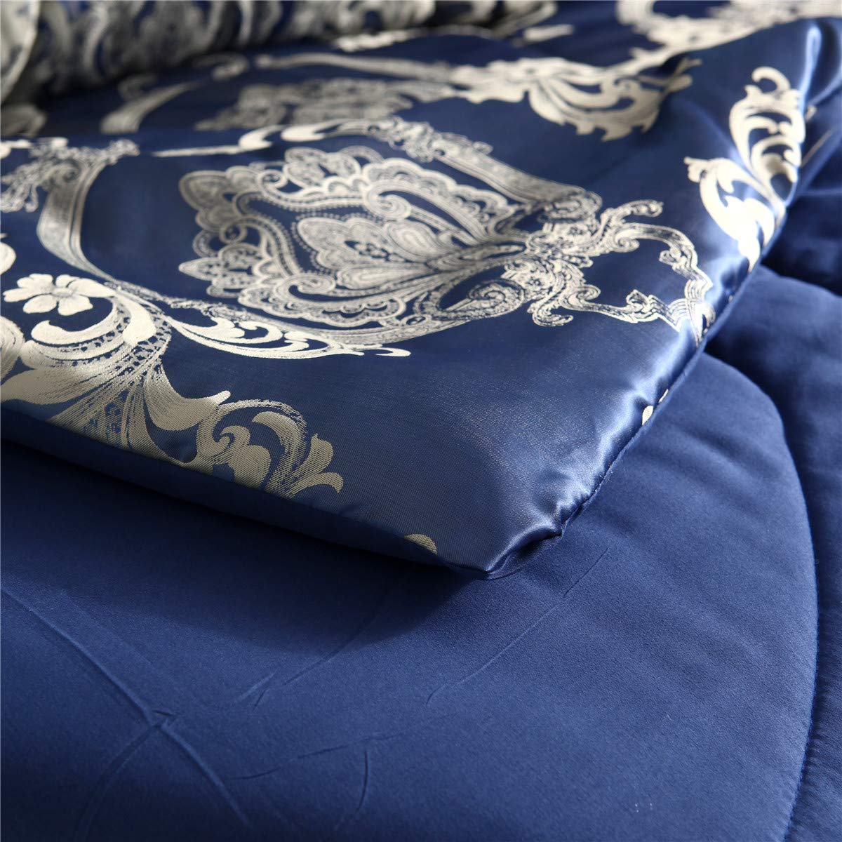 Raytrue-X Comforter Set Satin Silk Blanket All Season Bed Luxury Royal Blue Jacquard Quilt Bedding Sets Matching 2 Pillow Shams (Full/Queen, 88x88 inches, 3 Pieces)