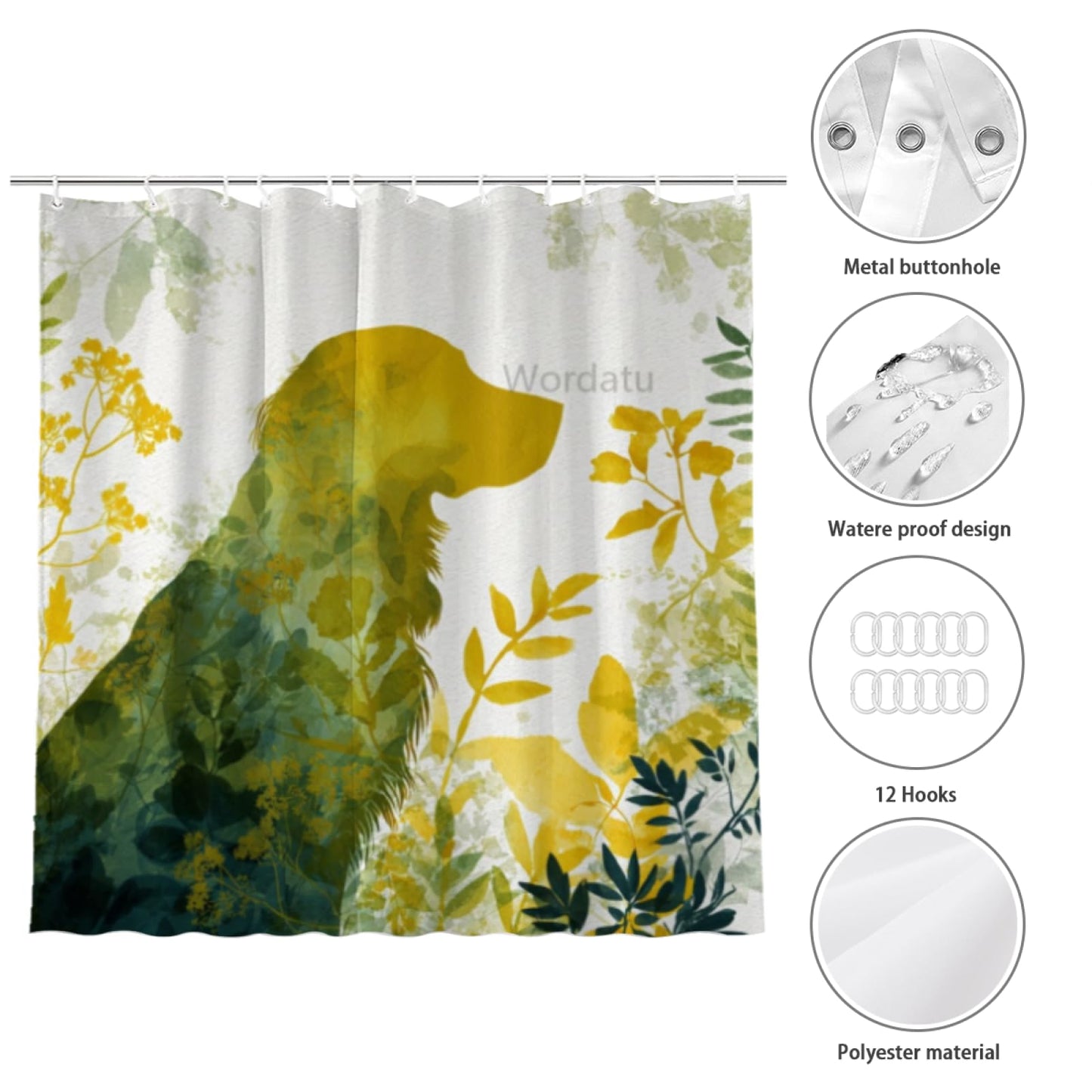 Wordatu Shower Curtain for Bathroom Flower Funny Golden Retriever Shower Curtains for Bathtub Waterproof Fabric Shower Curtain with Hooks 72x72 Inches