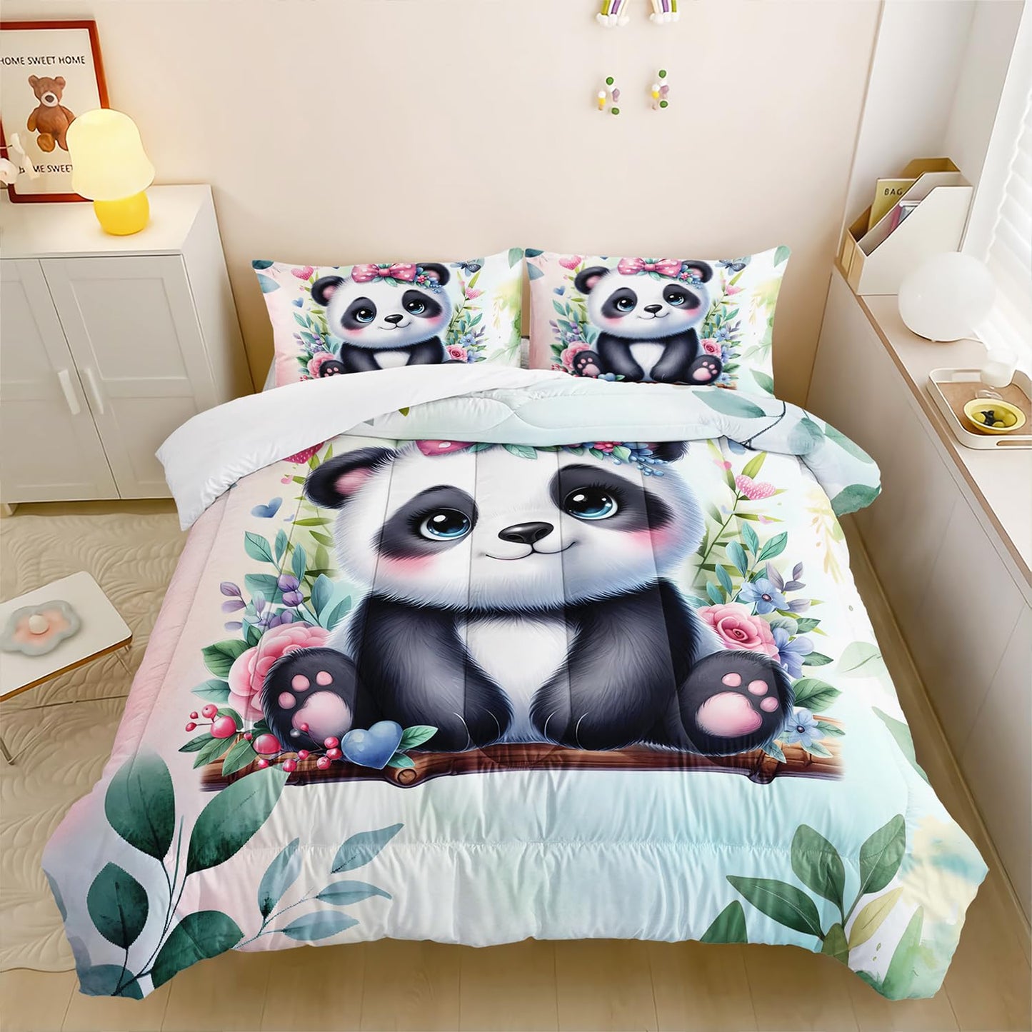 Kawaii Panda Comforter 3Pcs Twin Tie Dye Wildlife Flower Bear Bedding Set