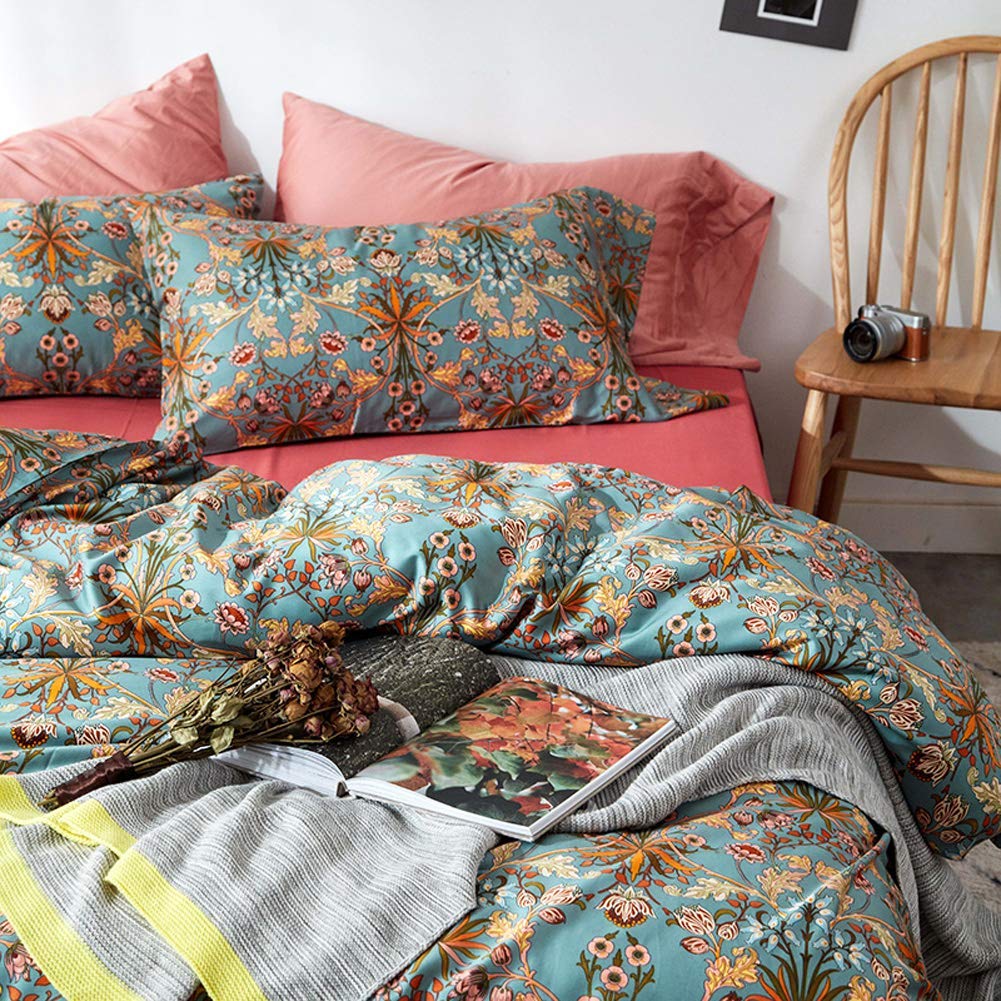 VM VOUGEMARKET Green Gold Duvet Cover Queen,Medallion Paisley Print Bedding Set 400 Thread Count Percale Cotton Vibrant Bohemian Pattern Quit Cover with Zipper Closure