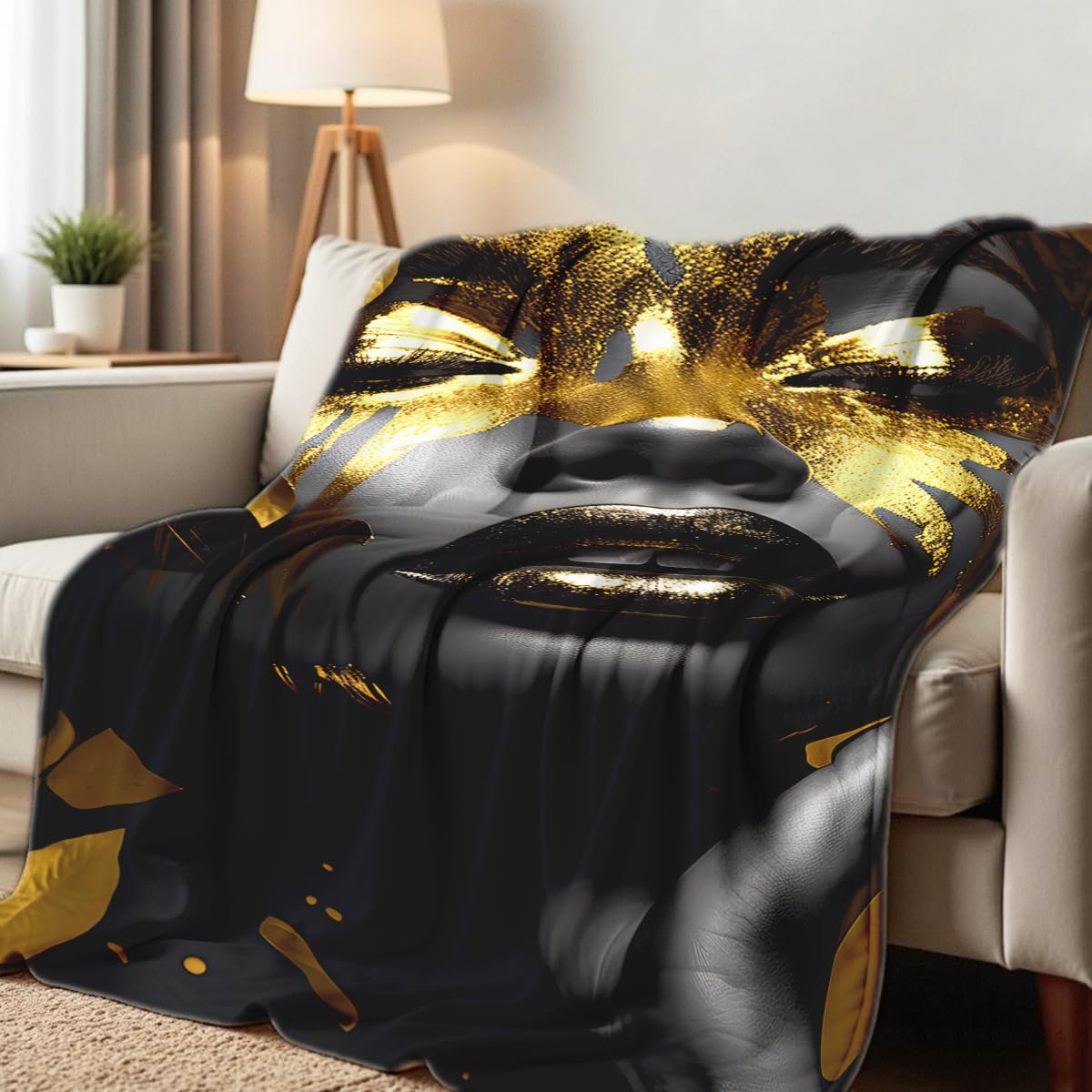 HUNXIAOJ African American Woman Blanket Throw Black Gold Print Flannel Blanket Gifts for Girls Female Women African American Couch Bed Living Room Home Decor 49"x59"