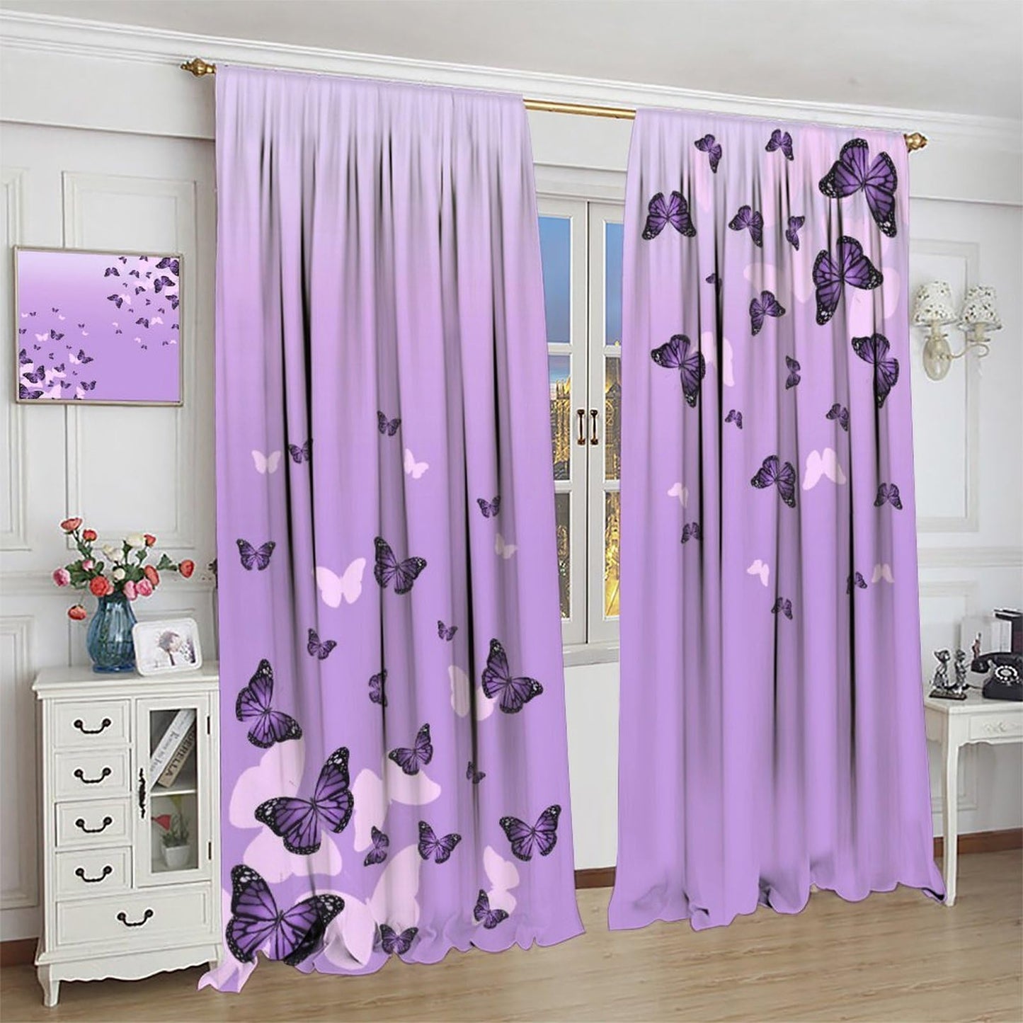 JESTRONRY Purple Butterfly Curtains,Romantic Fantasy Butterflies Print Window Drapes for Living Room Bedroom Kitchen Bathroom Home Decor 42" W X 45" L (Decor)
