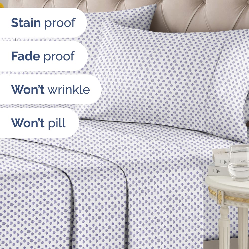 Coastal Bed Sheets - 1 Flat & 1 Fitted Sheet & 2 Pillowcases w/ Deep Pockets - Wrinkle & Fade Free Beach Themed Bed Set - Blue Sea Shell Bedding - Ultra-Soft, Breathable and Cooling - King Size