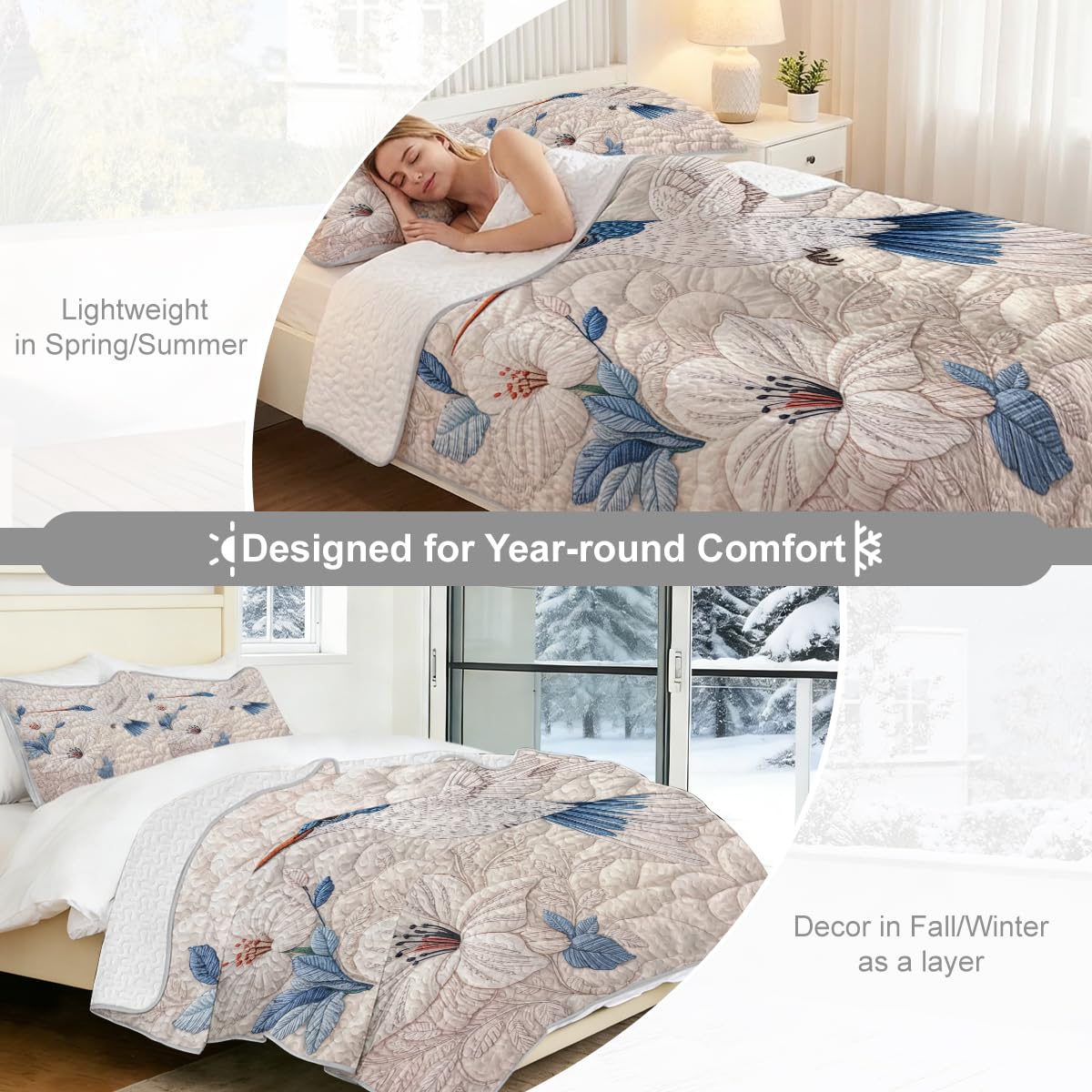 ARIGHTEX Flower Bird Quilt Set Queen Size Minimal Blue Hummingbird Floral Bedding Set Lightweight Botanical Quilt Soft Microfiber Bedspread Modern Coverlet Set with Pillow Shams
