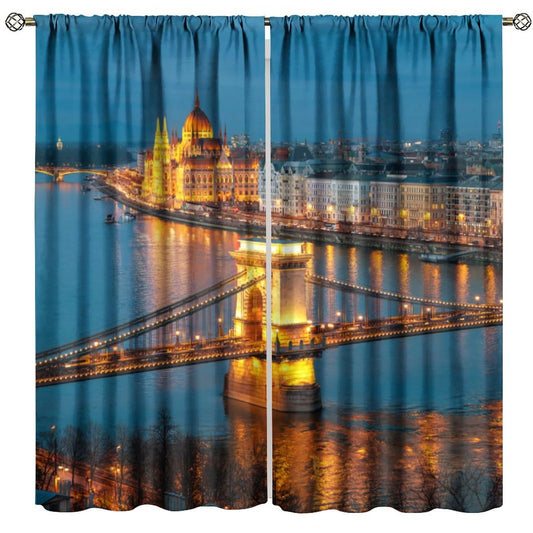 City Skyline Curtains, Blue Gold Bridge River Night View Print, Rod Pocket Light Filtering Window Drapes for Living Room Bedroom, 20.5" W x 44.5" L, 2 Panels （No Blackout）