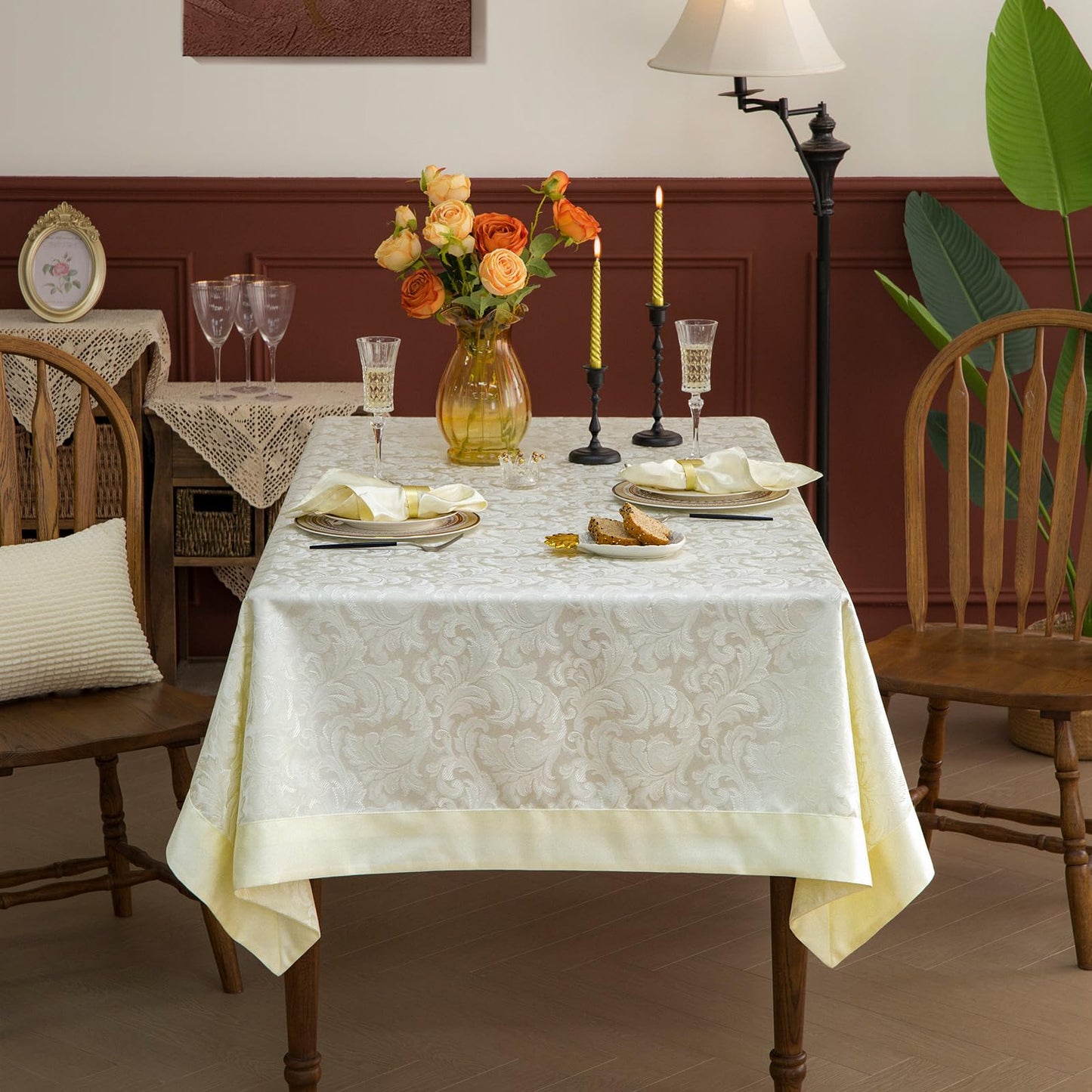 GLORY SEASON Emboss Style Textured Tablecloth Waterproof Solid Bordered Retro Tablecloths Classic Luxurious Washable Rectangle/Oblong Table Cloth,Kitchen Dinning Decor 60x84 Inch