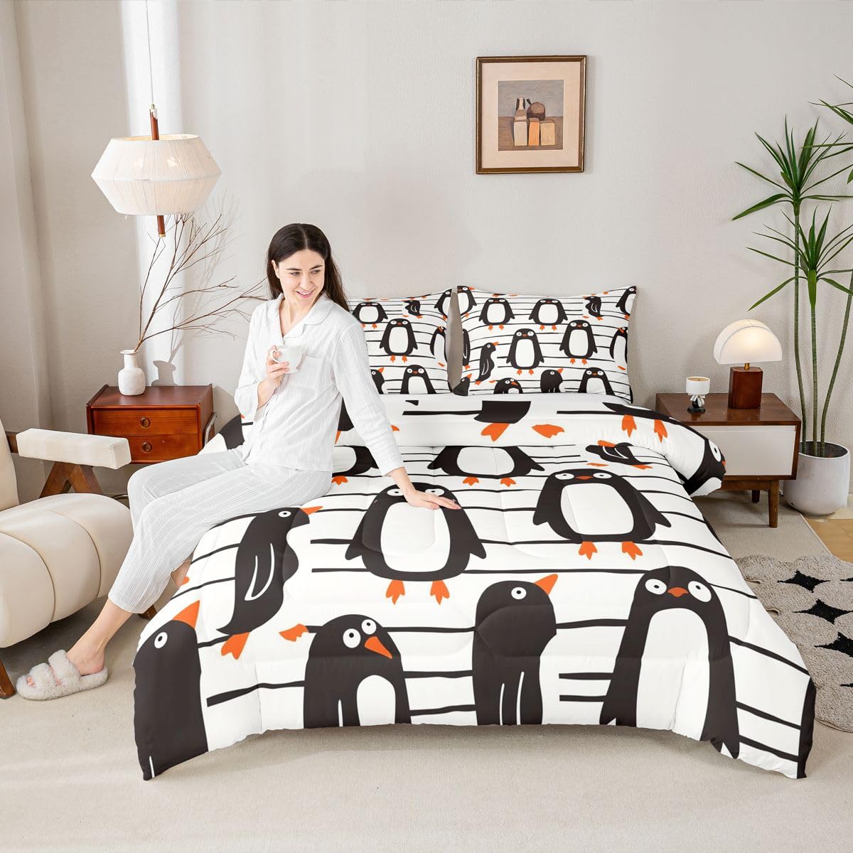 Erosebridal Funny Penguins Comforter Set Queen Black White Penguin Bedding Set Antarctic Animal Theme Comforter for Kids Boys Girls,Lovely Wildlife Pattern Quilt Duvet