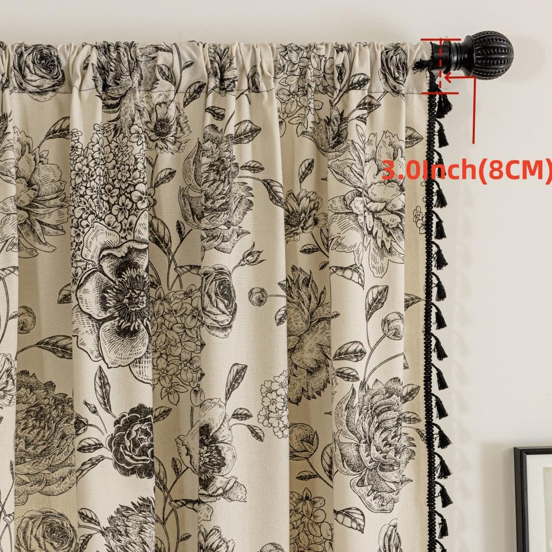 F-CHU Black Floral Farmhouse Curtains Living Room Drapes 84 Inch Length Cotton Linen Boho Window Curtain with Tassel Rod Pocket Bedroom Macrame Drapes Flower Curtains, 2 Panel