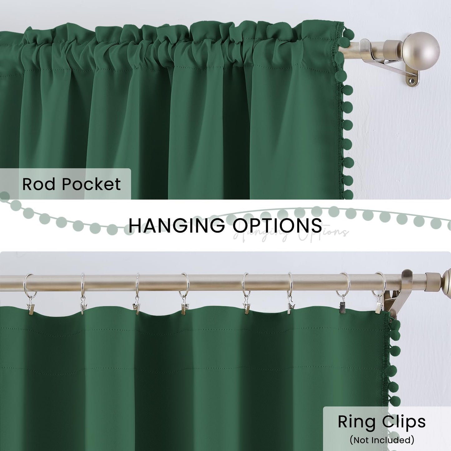 Melodieux Green Pom Pom Blackout Curtains 84 Inches Long for Bedroom, Boho Black Out Curtains 2 Panels for Living Room, Rod Pocket Kids Girls Nursery Drapes Elegant Cotton Textured, 52" W x 84" L