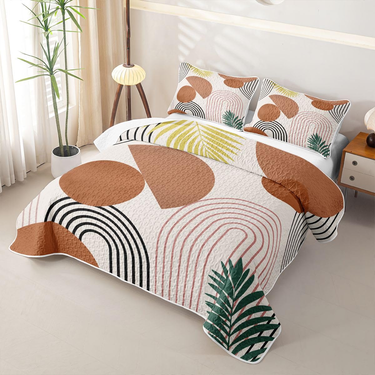Erosebridal Boho Mid Century Quilted Bedspreadd Set Twin Bohemian Abstract Geometric Coverlet Set Modern Minimalistic Simple Bed Set Brown Orange Bedding Set