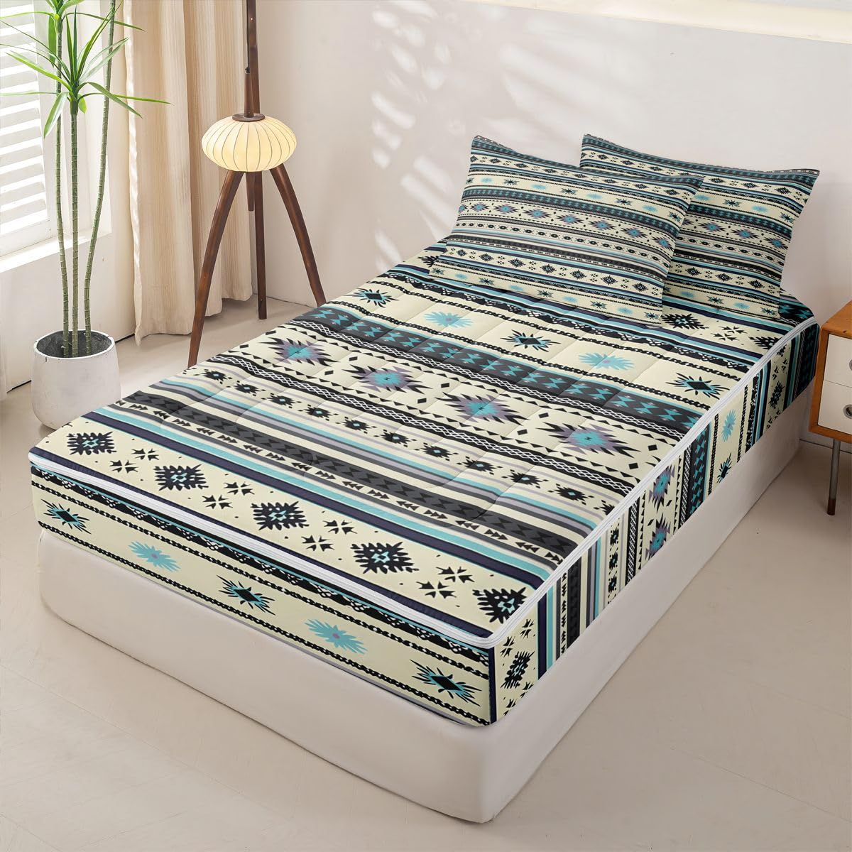 Western Zipper Bedding Queen Vintage Exotic Geometric Triangle Zip Up Bedding Set for Boys and Kids, Ethnic Tribal Arrow Bed in a Bag African Indian Tribal Sriped Boho Comforter Set with Sheets Brown