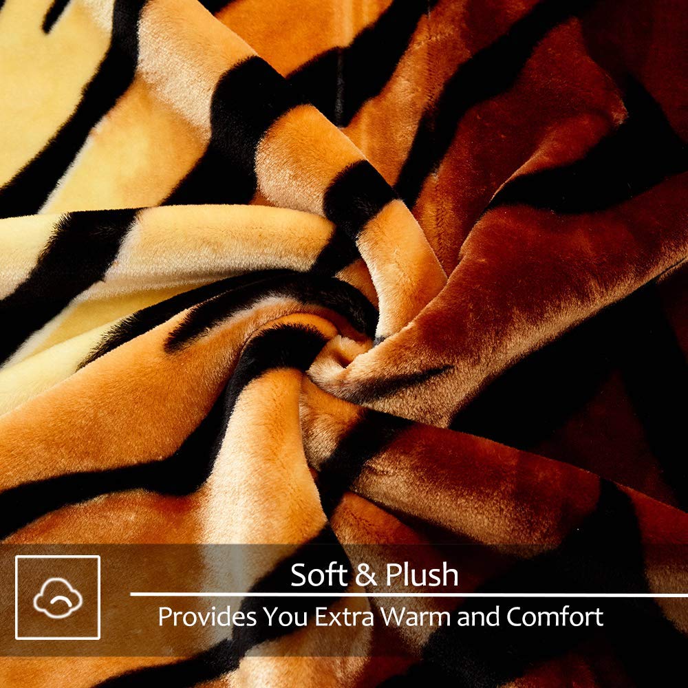 JYK Korean Faux Mink Fleece Blanket 75”x87” and 5 LB Mink Blanket - 2 Ply Reversible 520GSM Silky Soft Plush Warm Blanket for Autumn Winter, A&B Pattern (Queen, Tiger/Tiger Stripes)