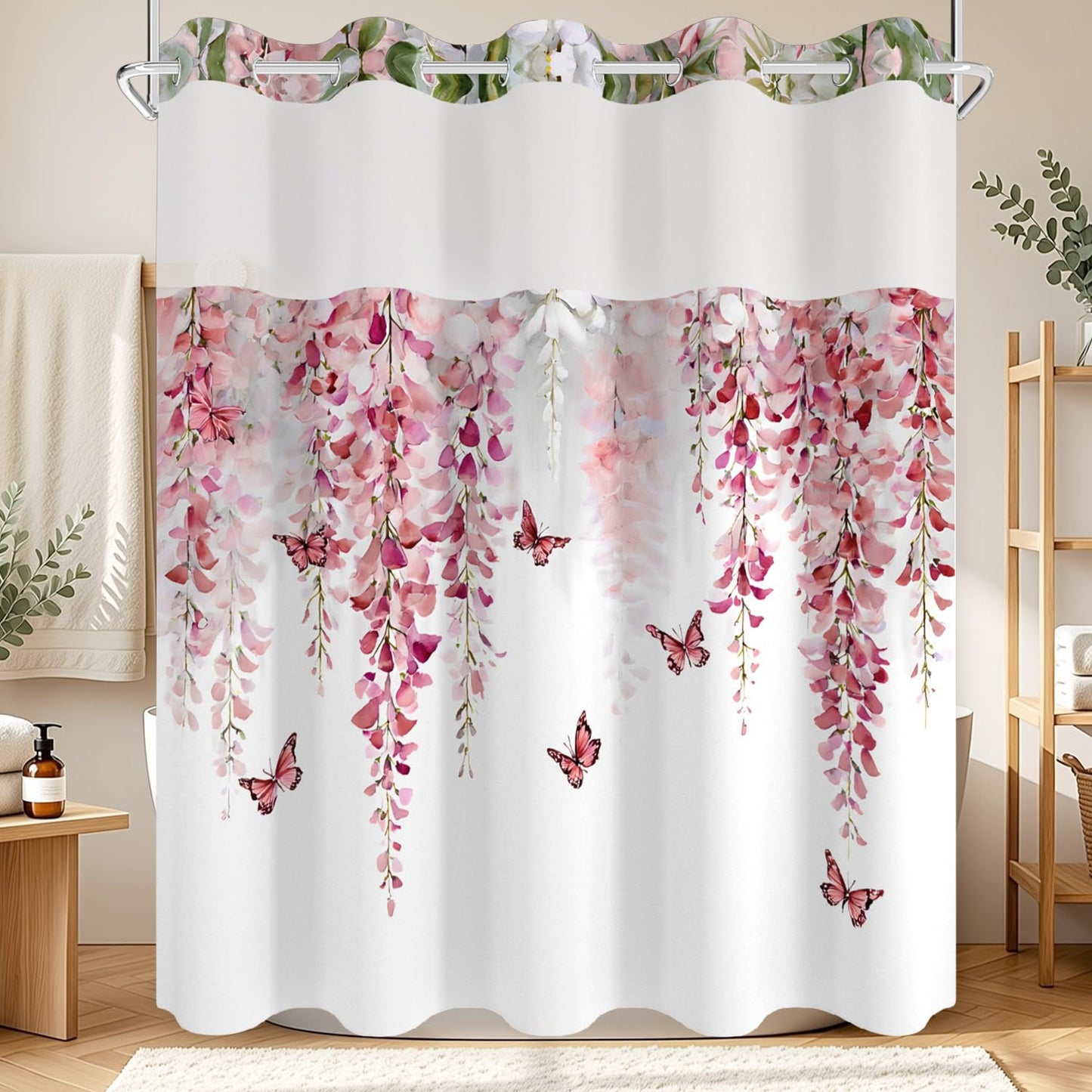 NAEMBCU Boho Floral No Hook Shower Curtain with Snap in Liner Set 71x74 in