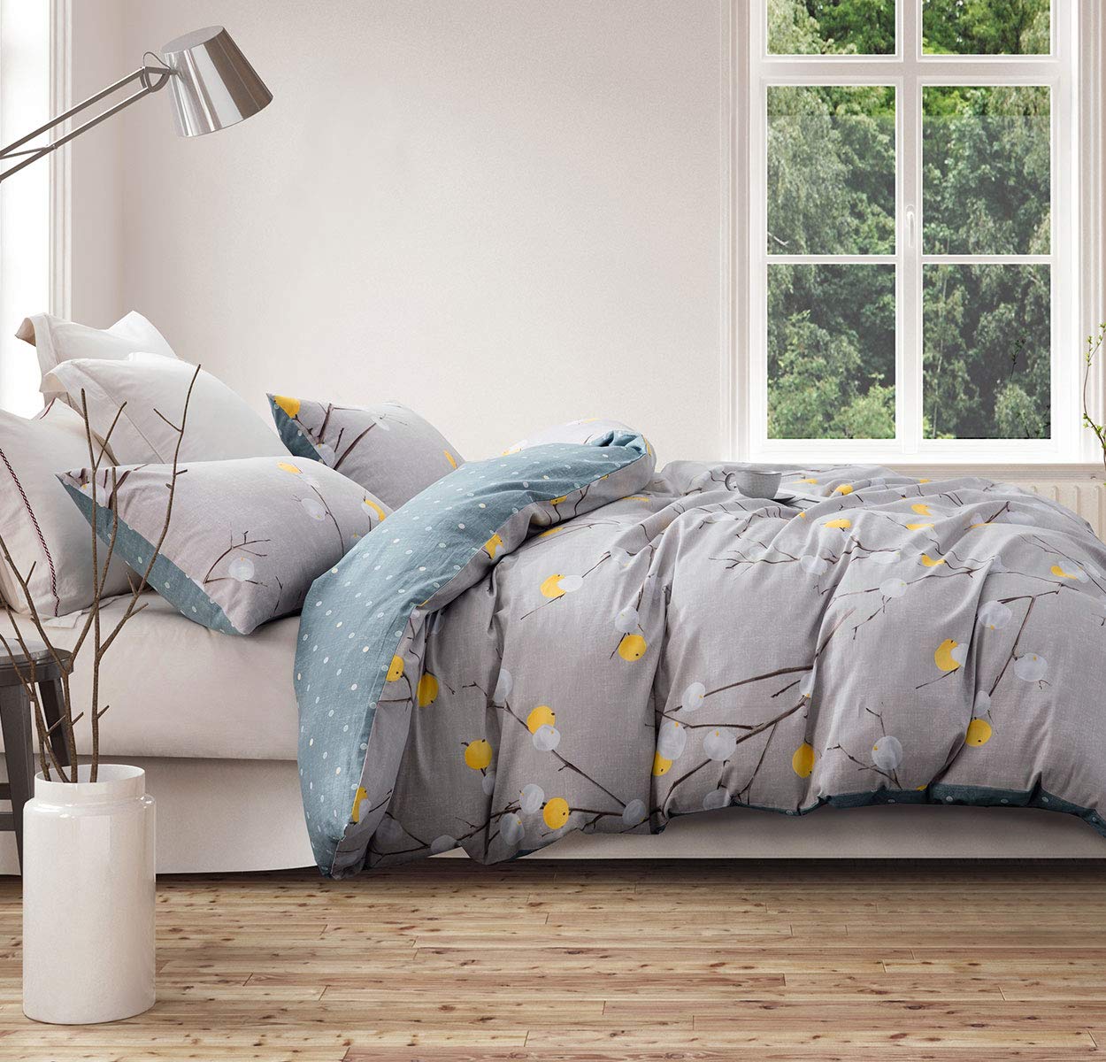SLEEPBELLA Comforter King Size, 600 Thread Count Cotton Grey Branch with Yellow Turquoise Polka Dot Pattern Green Reversible Comforter Set,Down Alternative Bedding Set 3Pcs(King, Grey Branch)