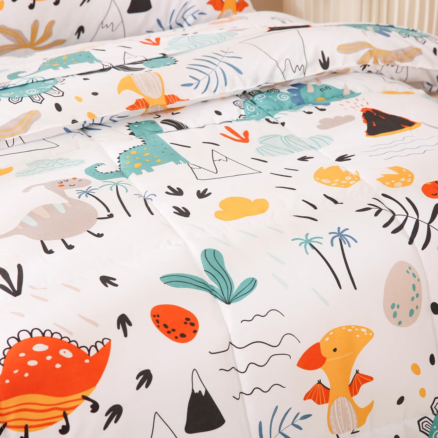 JSD Dinosaur Toddler Bedding Set, 4 Piece Bed-in-a-Bag Toddler Comforter Sheet Set, All Season Machine Washable