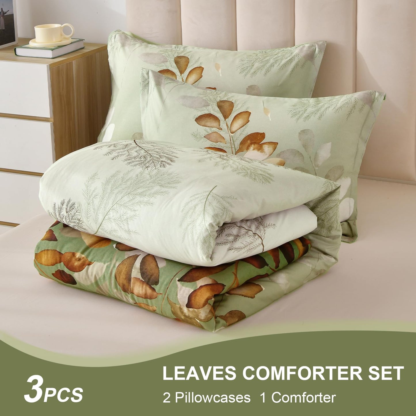 DJY King Size Comforter Set, Green Brown Botanical Leaves Comforter Set King, 3 Pieces Reversible Brown Floral Bed Comforter Sets Soft Microfiber Bedding Comforter Set for All Season (104"x90")