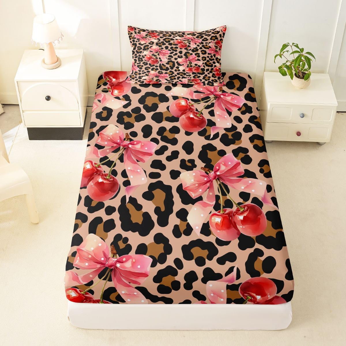 jejeloiu Brown Cherry Bow Fitted Sheet with 1 Pillowcase Twin Size Dreamy Princess Bowknot Bed Sheets Set 16" Deep Pocket Boys Girls Leopard Print Bowknot Bedding Teens Bedroom Decor Breathable