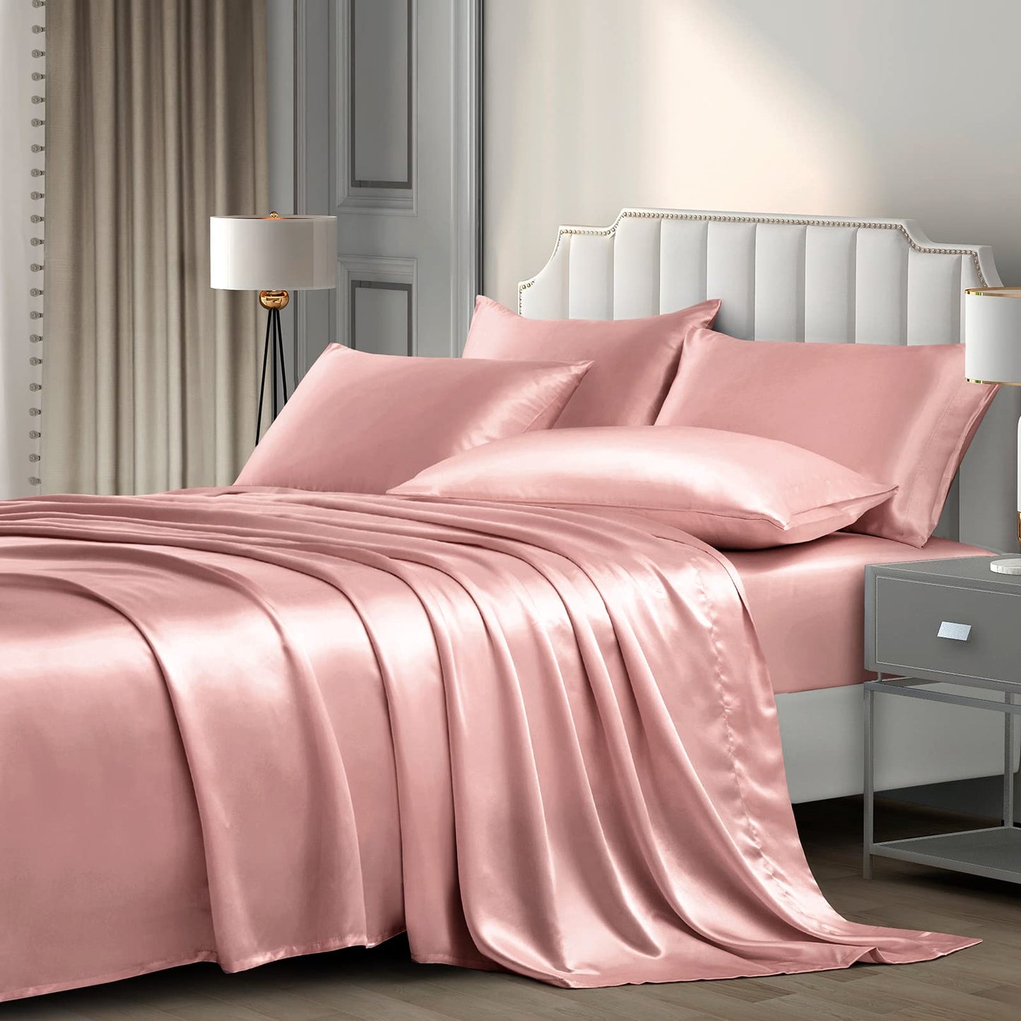 Pothuiny Satin Sheets King - Luxury Silky Satin Bed Sheets, Extra Soft Sheet Set (6 Pieces, Champagne) - 1 Fitted + 1 Flat + 4 Pillow Cases