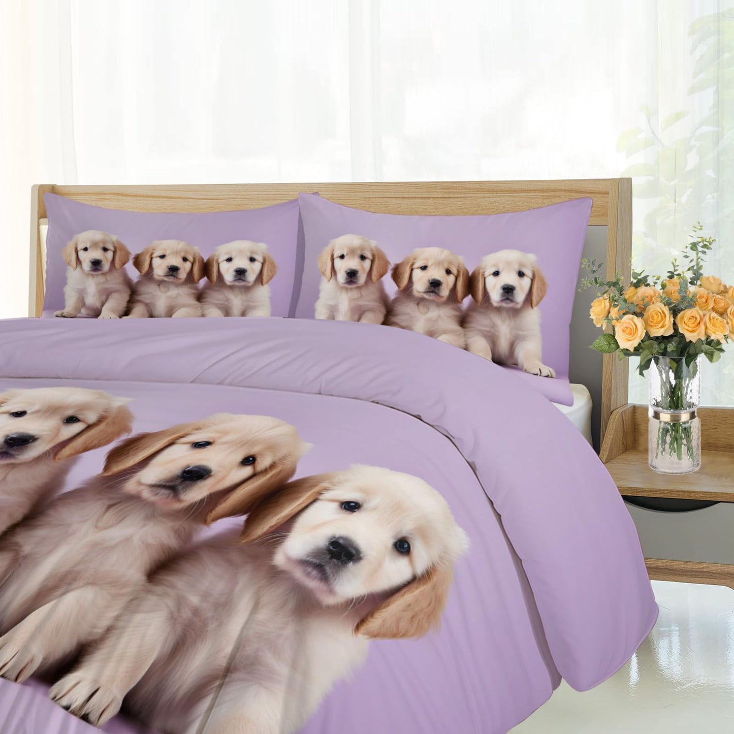 Kids Duvet Cover Queen Size - Cute Puppy Home Decor & Gifts, 3 Piece Back to School Dorm Bedding, Easy Care Microfiber Comforter Cover & Pillowcases, Golden Retriever Pattern