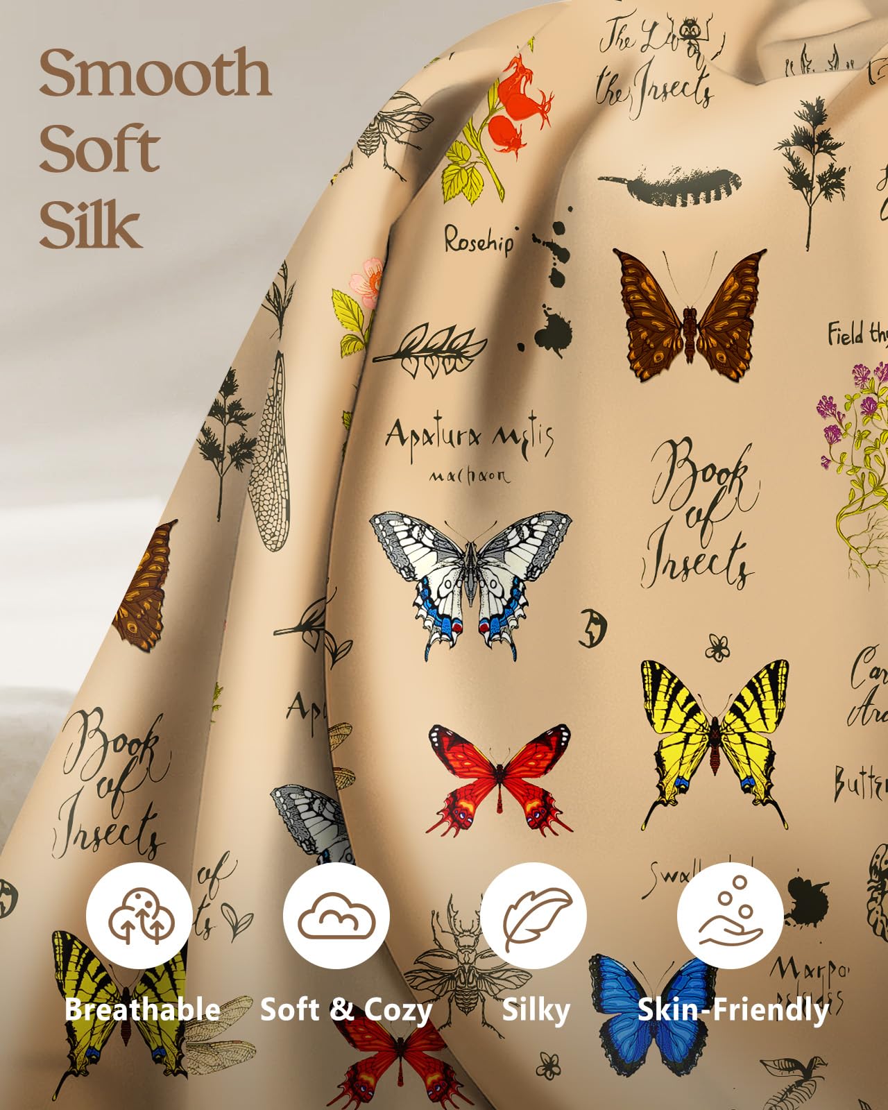 Miss Adola 2 Pack Mulberry Silk Pillowcase for Hair and Skin - Standard Size 20 x 26 Inches with Hidden Zipper Plants Butterfly 19 Momme Soft Sleeping Silk Pillow Case for Women, Moms