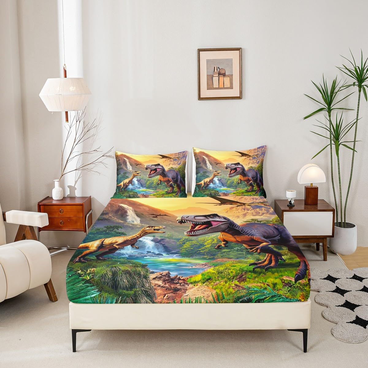 Erosebridal Kids Cartoon Dinosaur Bed Sheets King Boys Jungle Dino Sheet Set, 3D Ancient Animals Fitted Sheet, Child Flat Sheet, Dinosaur Room Decor, 2 Pillow Cases