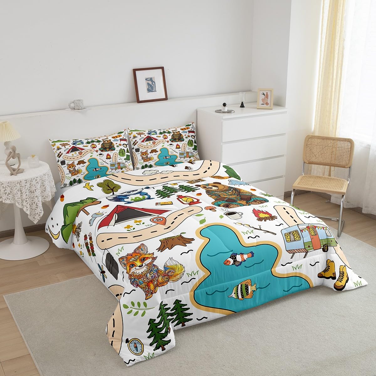 Feelyou Camping Adventure Bedding Set,Kids Boys Girls Full Size Cartoon Animal Tent Mountain Tree Comforter Set,Ultra Soft Camping Bonfire Outdoor Activities Comforter,Art Printed Duvet Quilt,Quilt