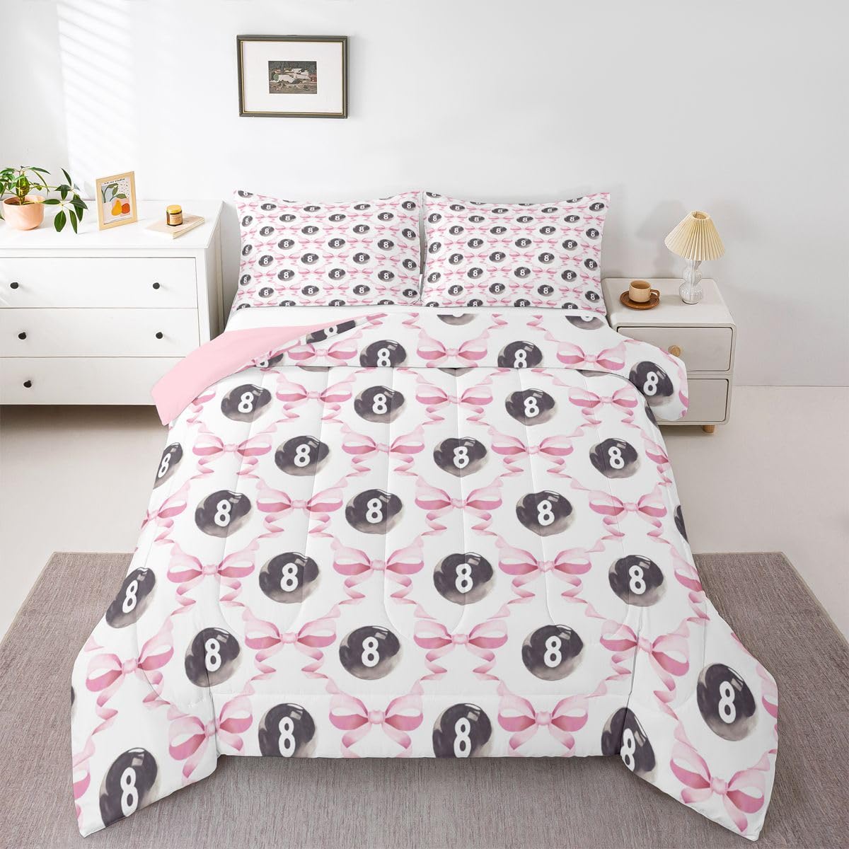 Castle Fairy Billiard Ball Kids Full Comforter Sets,Splicing Bow Tie Reversible Bedding Set for Boys Teens Children,Woman Girls Bowknot Quilt Set 3 PCS,Billiard Lover Duvet Insert,2 Pillow Cases
