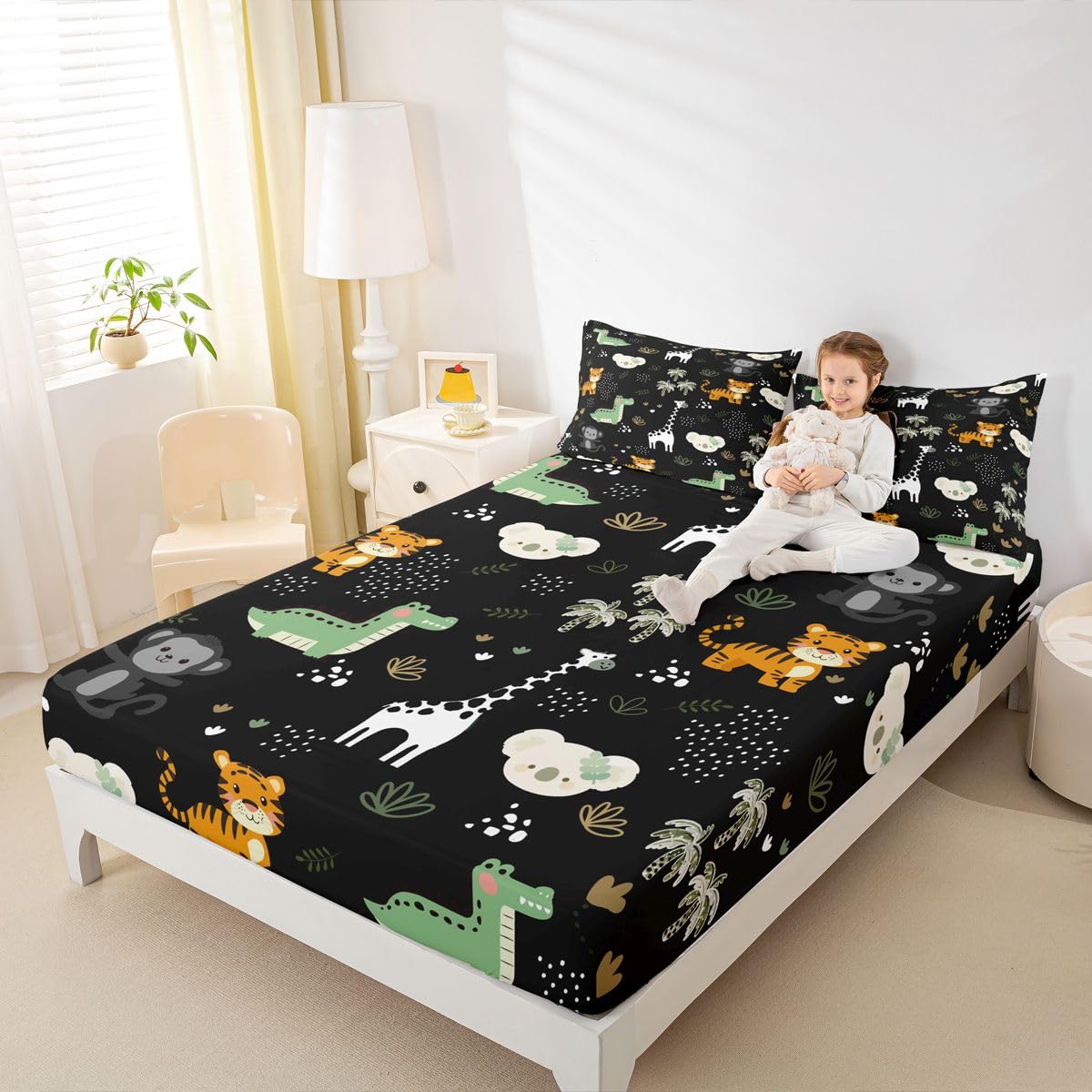 Erosebridal Jungle Animals Sheet Set Full Cartoon Kawaii Bed Sheets for Kids Boys Girls Monkey Giraffe Crocodile Tigers Flat Fitted Sheet Hunting Wildlife Sheets 3 Pcs