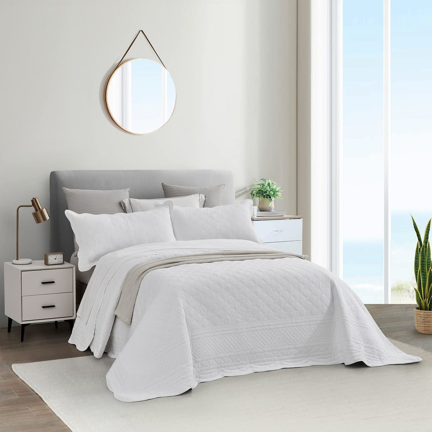 CHIXIN Cotton Bedspread Full Size - Real Stitching - Luxury Quilted Bedding Cover for All Season, Reversible, Ultra Soft, Lightweight, 3 Piece, Pure White