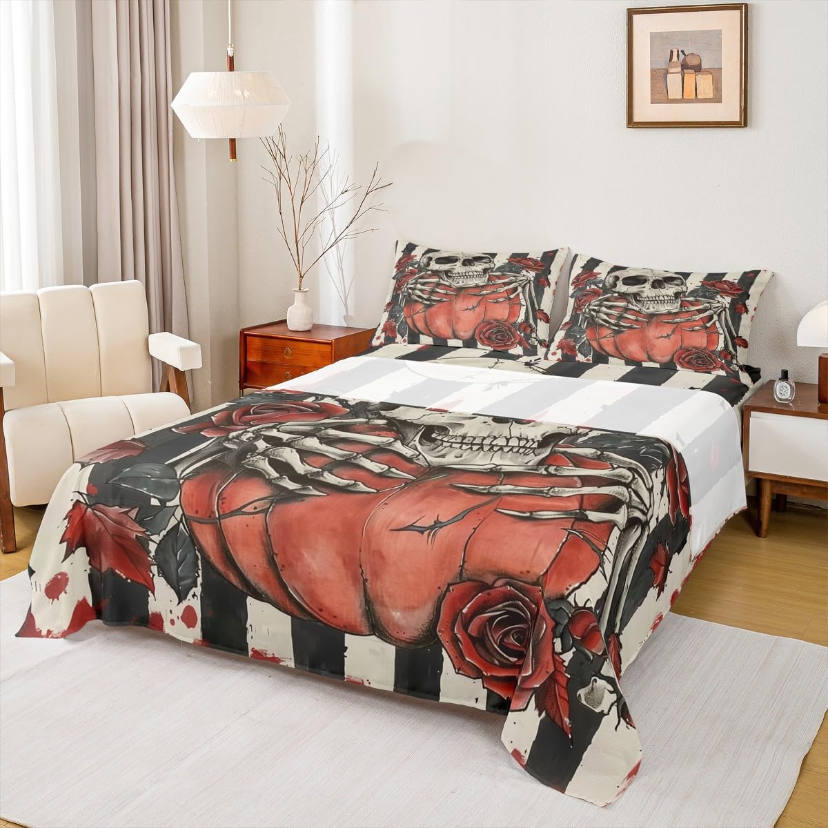 jejeloiu Kids Halloween Decor Bed Sheets Sets Twin Size Kids Boys Girls Pumpkins Bedding Set Gothic Skull Bed Sheet Set with 16-Inch Deep Pockets Rose Blossoms Print 3Pcs with 1 Pillow Cases