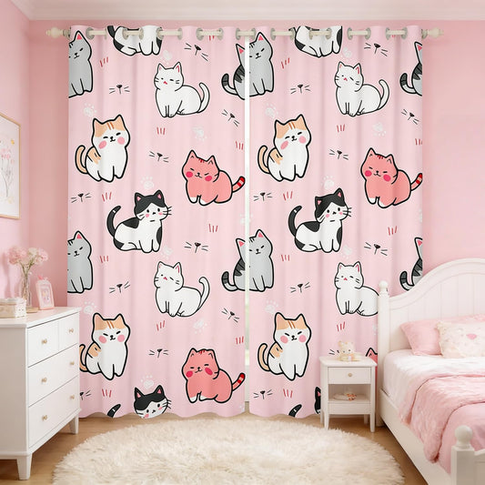 Pink Blackout Cat Curtains - Kawaii Animal Themed, 76Wx54L, Perfect for Kids & Pets, Colorful Kitten Window Treatments