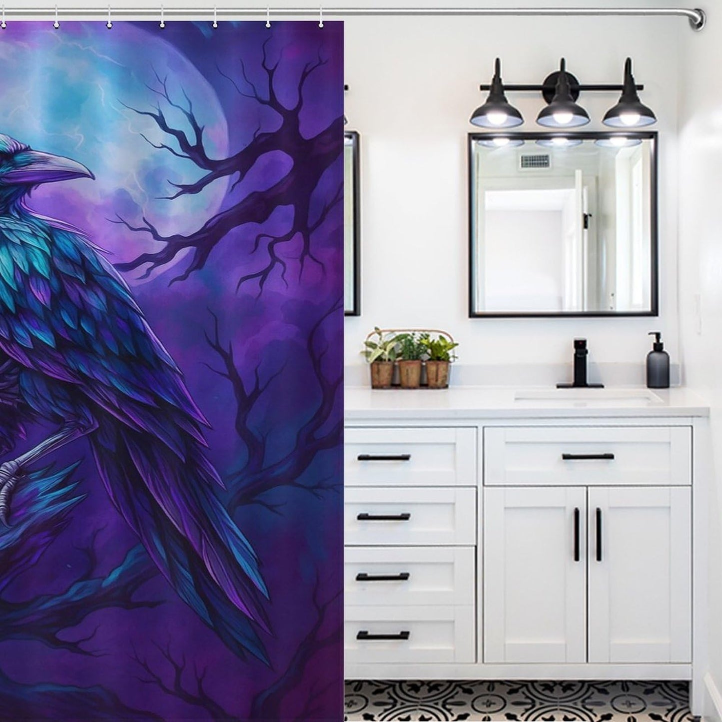 DUMIERTKL Mystic Raven Perched Shower Curtain,Funny Bathroom Decor Waterproof Fabric with Hooks 64x70 in