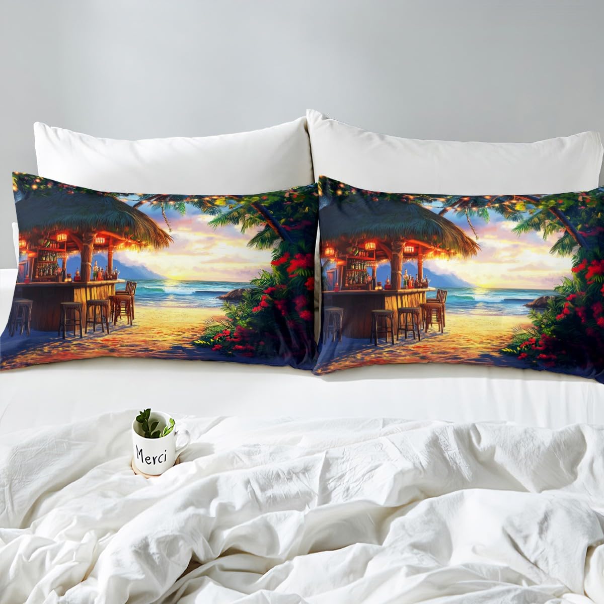 Erosebridal Tiki Bar Fitted Sheet Queen Size, Ocean Beach Bed Sheets Palm Tree Leaves Bedding Set for Kids Teens Adult Bedroom Decor, Tropical Hawaii Theme Sheets with 2 Pillow Cases