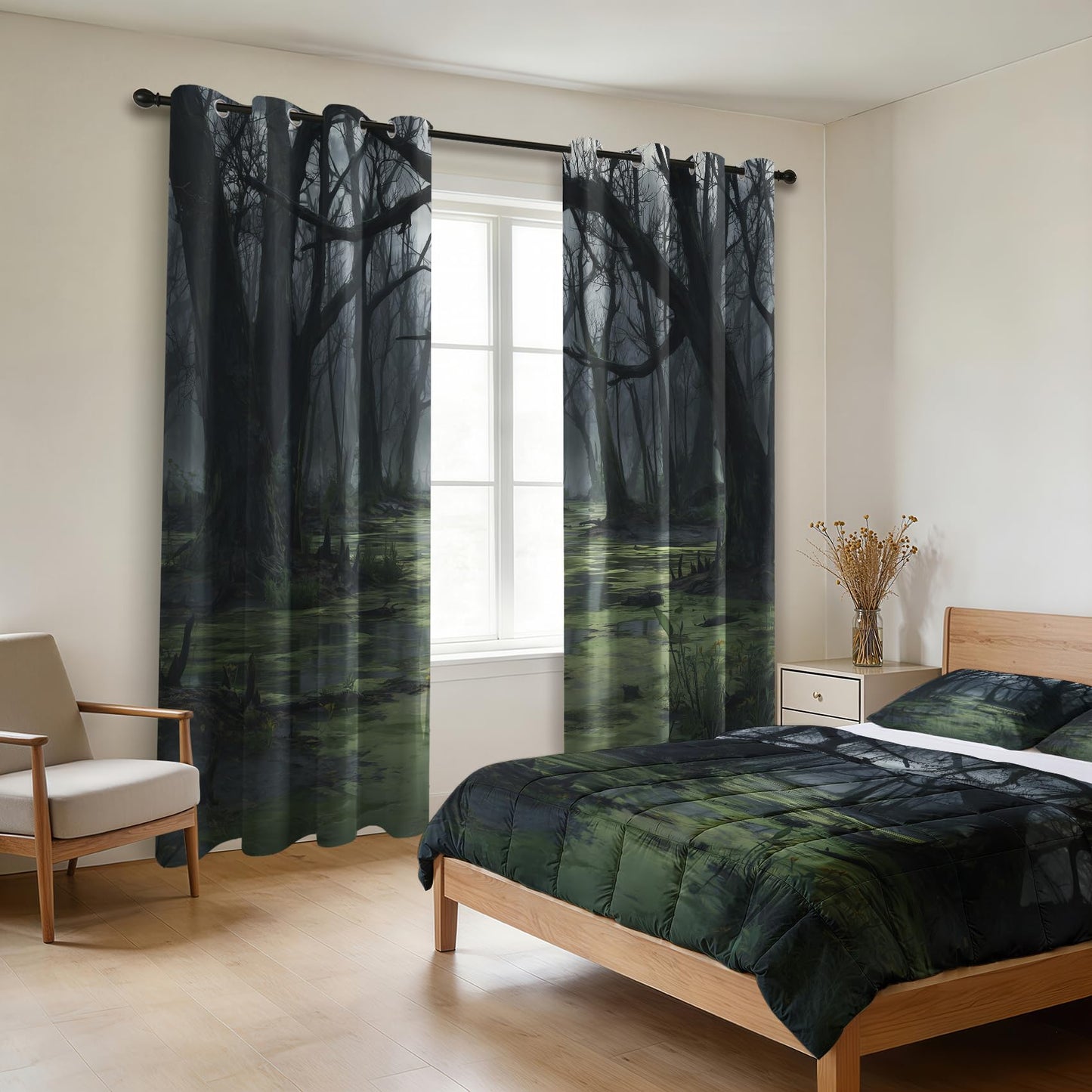 Solvivae Forest Curtains 63 Inch Length, Tree Jungle Gothic Nature Landscape Blackout Curtains for Bedroom Living Room, Room Darkening Thermal Insulated Grommet Drapes, Patterned Window Treatments
