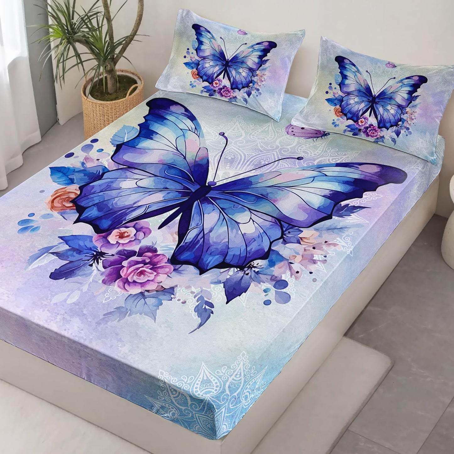 HOSIMA Floral Purple Butterfly Fitted Sheet-Soft Microfiber,Fantasy Butterfly Aesthetics Twin Fitted Sheet for Kids Girls Teens Women,Mandala Preppy Bedding 3Piece with 2 Pillow Shams.