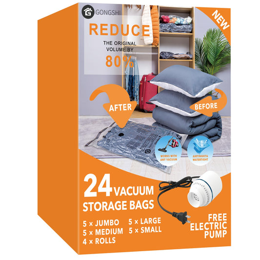 GONGSHI Vacuum Seal Bags for Clothing Travel & Home Storage, Travel Vacuum Bags with Pump,Space Saver for Blankets, Comforters, Pillows, Clothes,24 Combo with Electric Pump