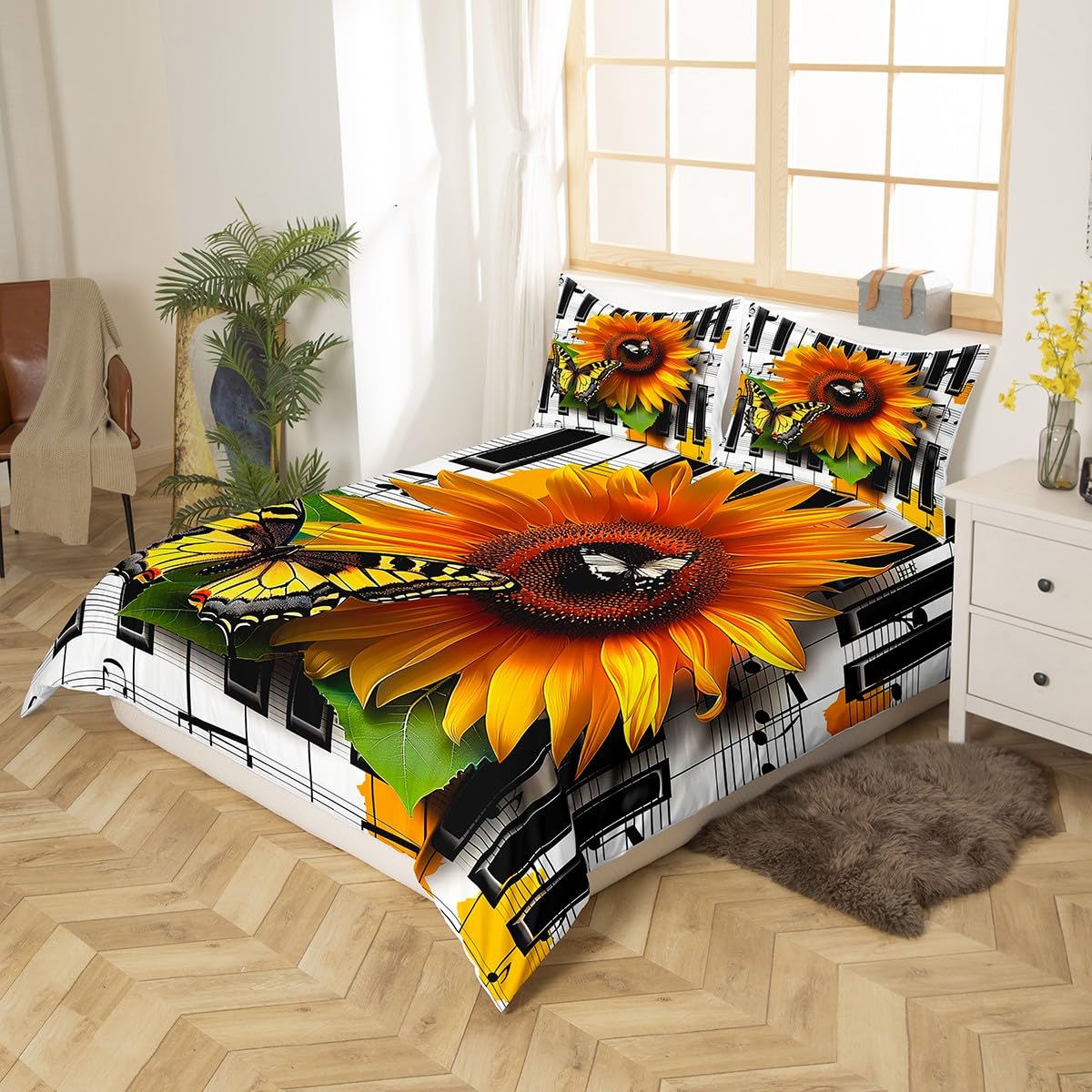 Manfei Sunflower Duvet Cover Set Queen Size, Yellow Flower Butterfly Bedding Set 3pcs for Kids Girls, Black White Musical Note Comforter Cover Music Theme Quilt Cover with 2 Pillowcases,No Comforter