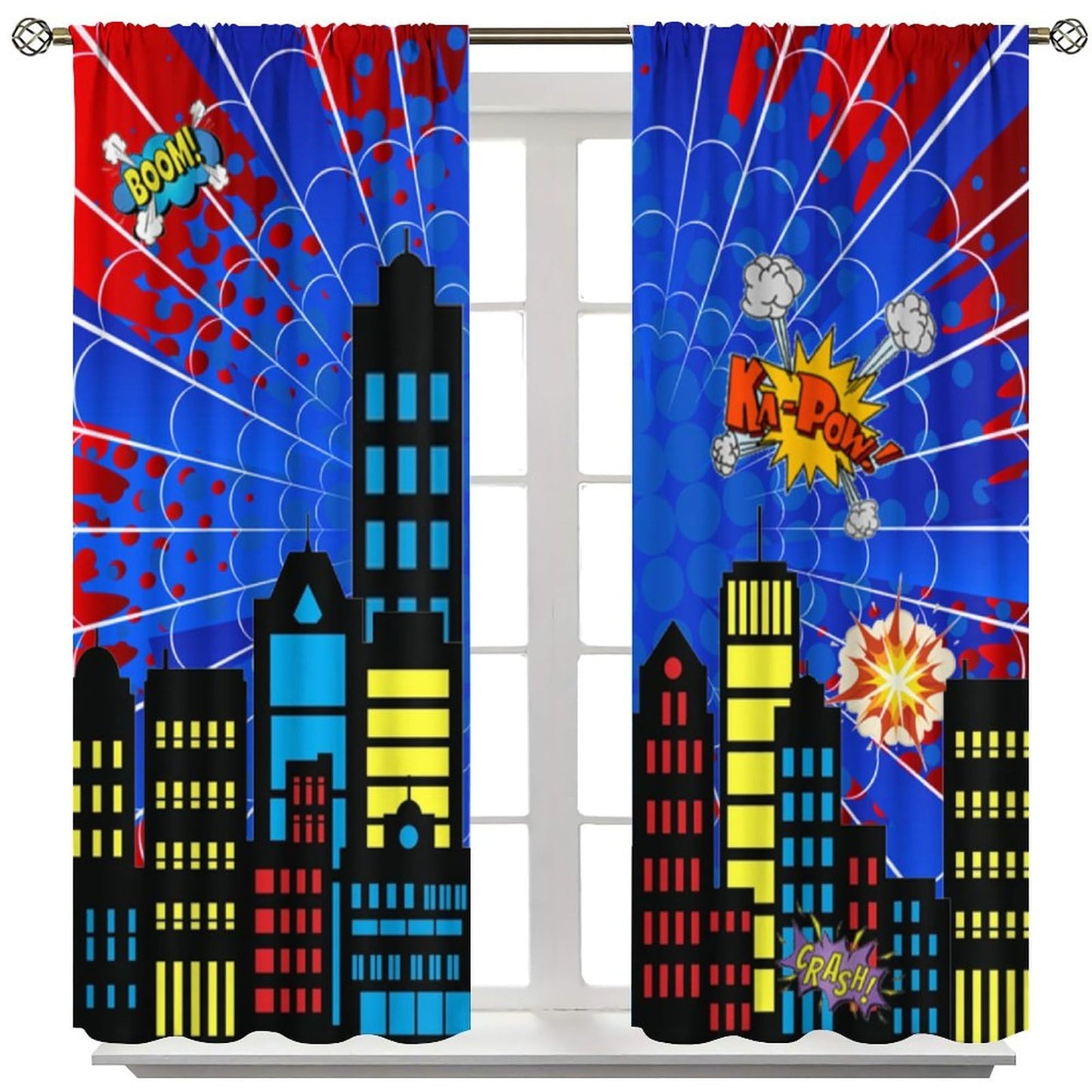 DDCBNS Super City Hero Window Curtains for Kids,Comics Style Super Urban Cartoon Spider Web Window Treatments for Boys Girls Bedroom Nursery Décor Drapes 2 Panel Sets Total Size 42" x 45"