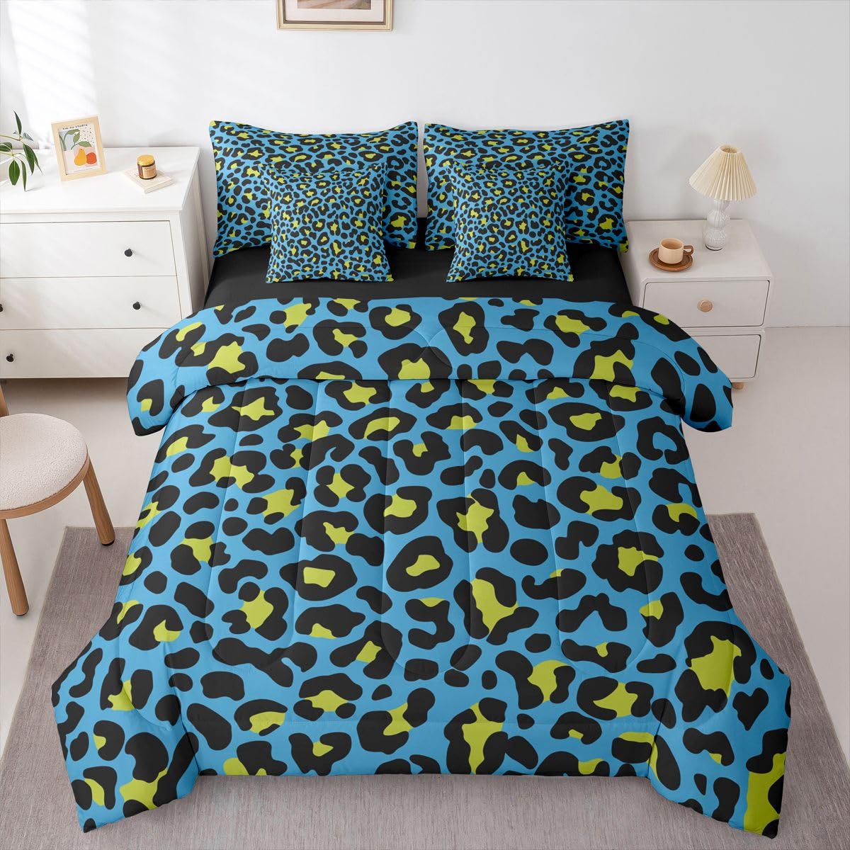 Erosebridal Leopard Print 7-Piece Boys Comforter Set King Size Western Cheetah Bedding Set Blue Leopard Decor Bed in A Bag African Safari Animal Sheets for Kids Teens Adult Men Bedroom Decor