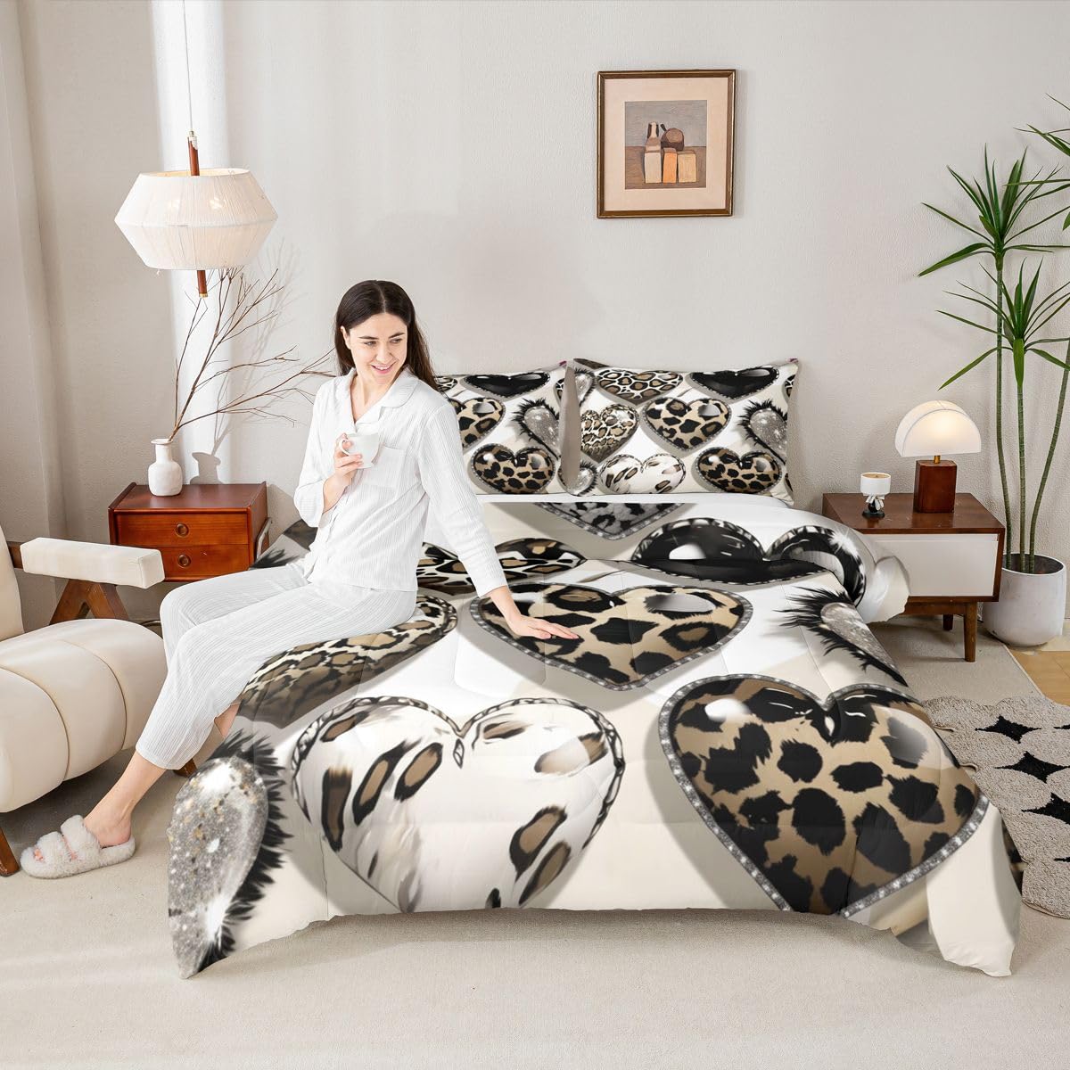 Erosebridal Abstract Geometric Kids Comforter Sets Leopard Love Heart Pattern King Bedding Set for Boys Girls Animal Cheetah Print Comforter Set,Fashion Glamorous Quilt Duvet 3 Pcs